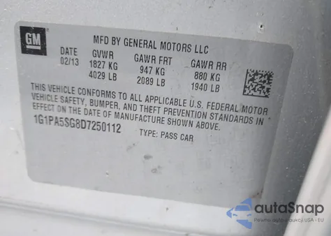 2013 Chevrolet Cruze Ls Auto из США, поврежденный, VIN 1G1PA5SG8D7250112